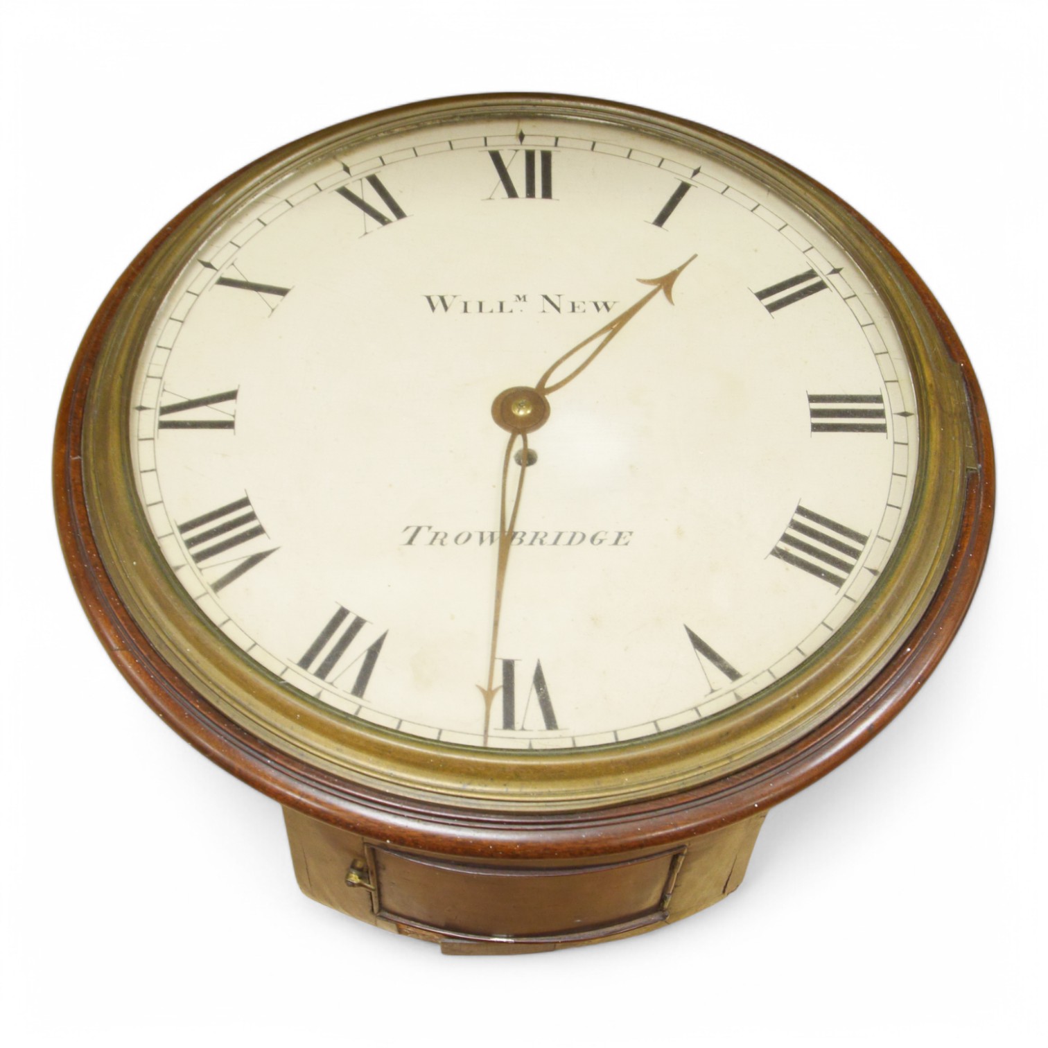 A large mahogany wall clock, William New, Trowbridge, with Roman numeral dial, associated single fusee movement with verge escapement, 49cm in diameter. Condition - fair to good, not tested